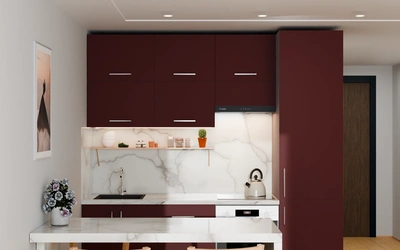 Кухня 2,2 м для студии, цвет Rustic Red 3026, вид спереди