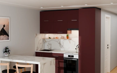 Кухня 2,2 м для студии, цвет Rustic Red 3026, вид справа под углом