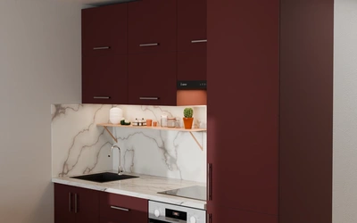 Кухня 2,2 м для студии, цвет Rustic Red 3026, вид справа