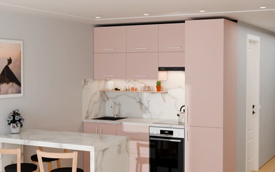 Кухня 2,2 м для студии, цвет Sakura Pink 3114, вид справа под углом