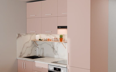 Кухня 2,2 м для студии, цвет Sakura Pink 3114, вид справа