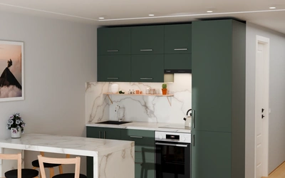 Кухня 2,2 м для студии, цвет Forest Green 3027, вид справа под углом