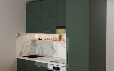 Кухня 2,2 м для студии, цвет Forest Green 3027, вид справа