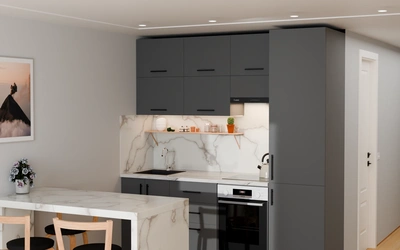 Кухня 2,2 м для студии, цвет Royal Grey 3022, вид справа под углом